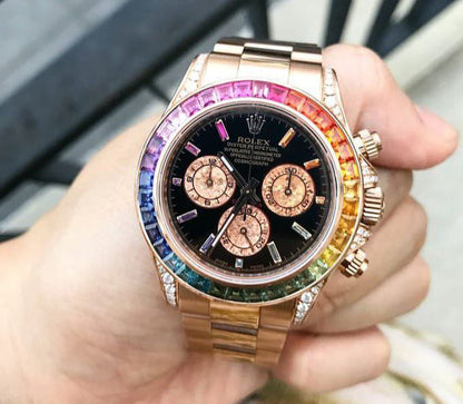 Rolex Daytona Rainbow Everose Gold Black Dial Diamond Chronograph Watch