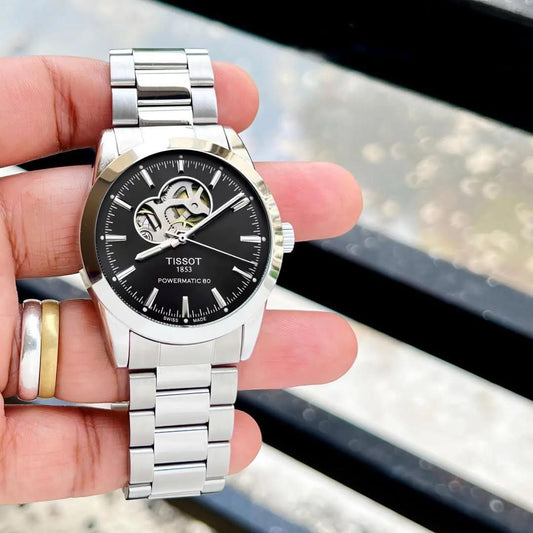 Tissot Style Open-Heart Black Dial Stainless Steel Automatic Watch