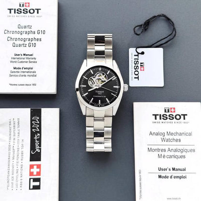 Tissot Style Open-Heart Black Dial Stainless Steel Automatic Watch