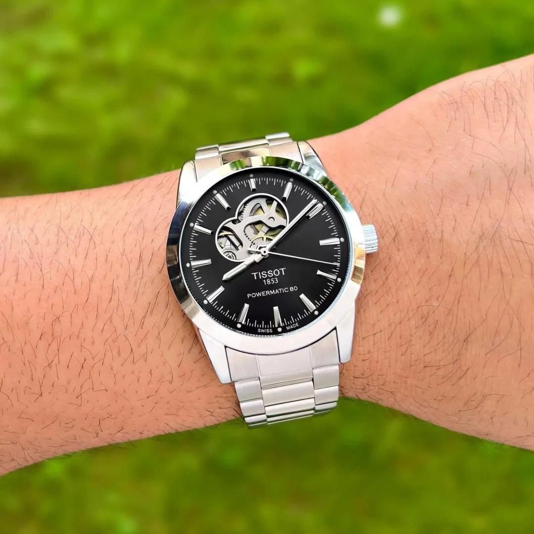 Tissot Style Open-Heart Black Dial Stainless Steel Automatic Watch