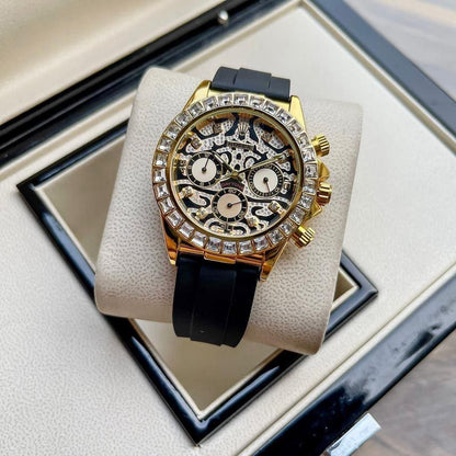 Rolex Daytona Skeleton Dial Yellow Gold Diamond Bezel Oysterflex Watch