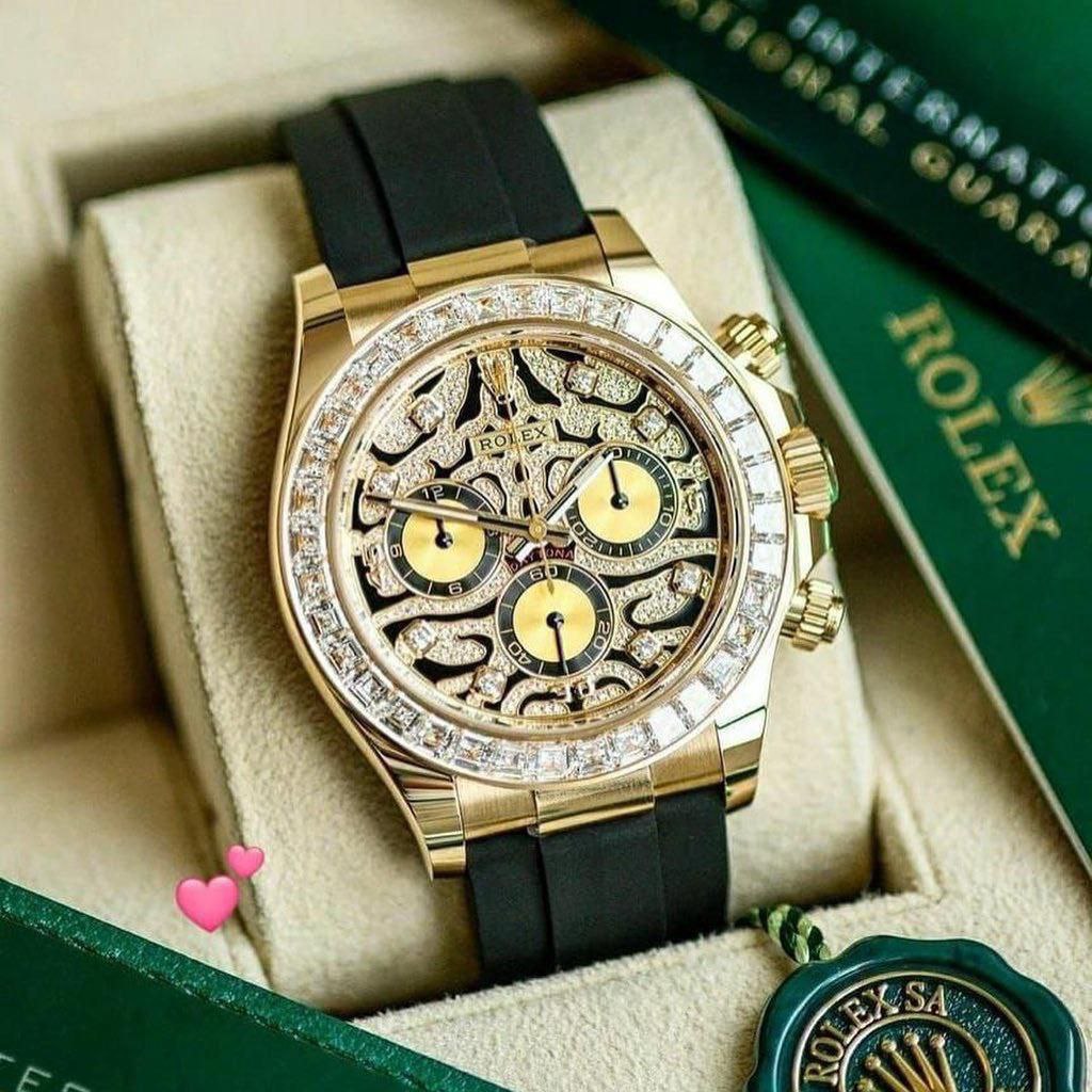 Rolex Daytona Skeleton Dial Yellow Gold Diamond Bezel Oysterflex Watch