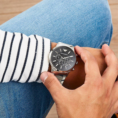 Emporio Armani Black Dial Chronograph Steel Watch