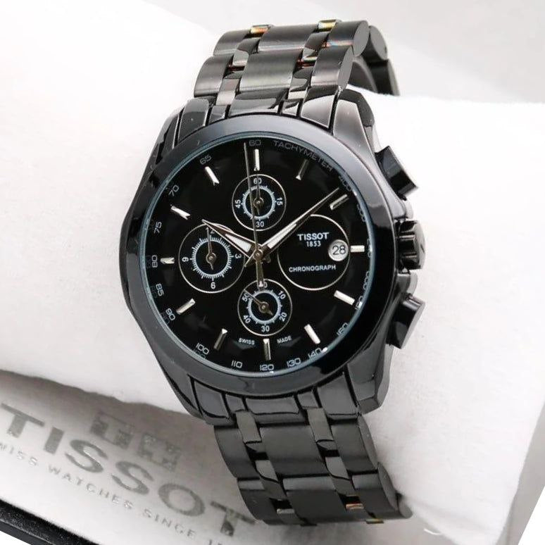Tissot Style All-Black Chronograph Stainless Steel Bracelet Watch