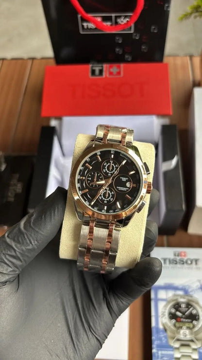Tissot Style Two-Tone Chronograph Black Dial Stainless Steel Watch