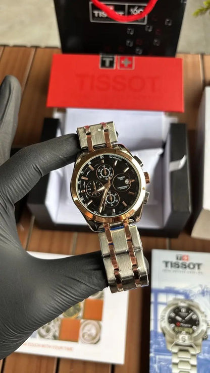 Tissot Style Two-Tone Chronograph Black Dial Stainless Steel Watch