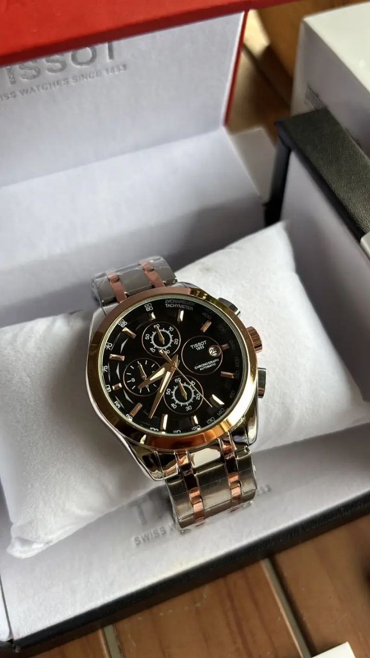 Tissot Style Two-Tone Chronograph Black Dial Stainless Steel Watch