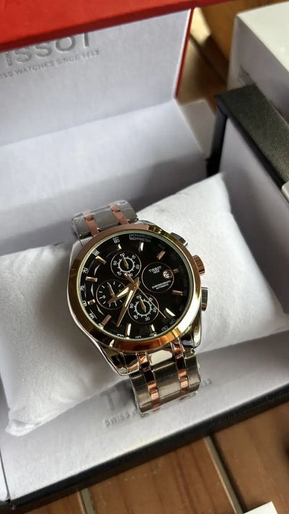 Tissot Style Two-Tone Chronograph Black Dial Stainless Steel Watch