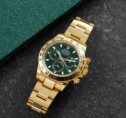 Rolex Cosmograph Daytona Green Dial Oyster Gold Chronograph Watch