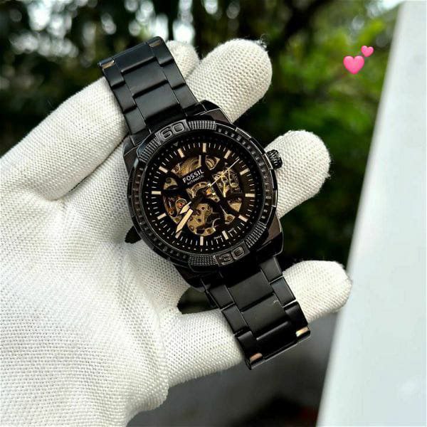 Fossil Black Skeleton Dial Stainless Steel Watch for Men