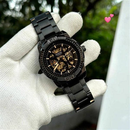 Fossil Black Skeleton Dial Stainless Steel Watch for Men