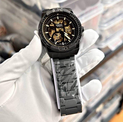 Fossil Black Skeleton Dial Stainless Steel Watch for Men