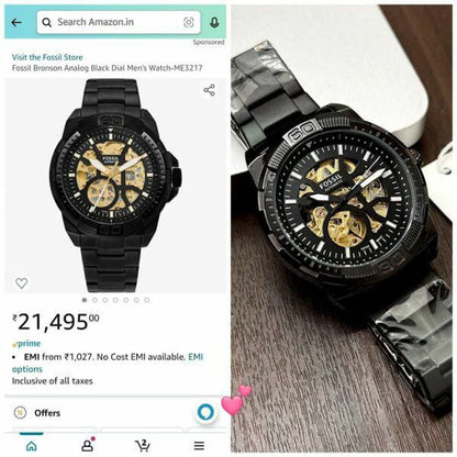 Fossil Black Skeleton Dial Stainless Steel Watch for Men