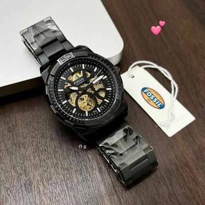 Fossil Black Skeleton Dial Stainless Steel Watch for Men