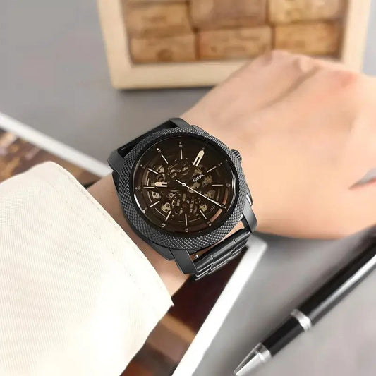 Fossil Black Textured Bezel Skeleton Dial Stainless Steel Watch for Men