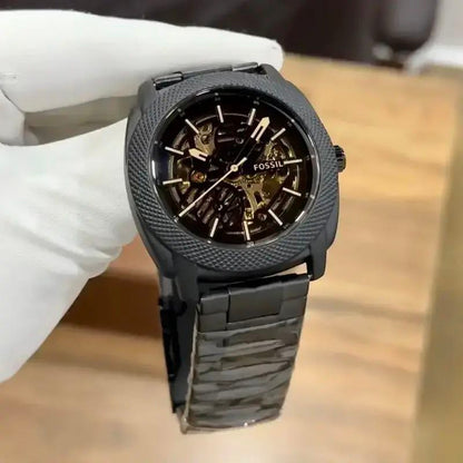 Fossil Black Textured Bezel Skeleton Dial Stainless Steel Watch for Men