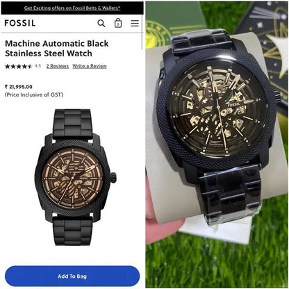 Fossil Black Textured Bezel Skeleton Dial Stainless Steel Watch for Men