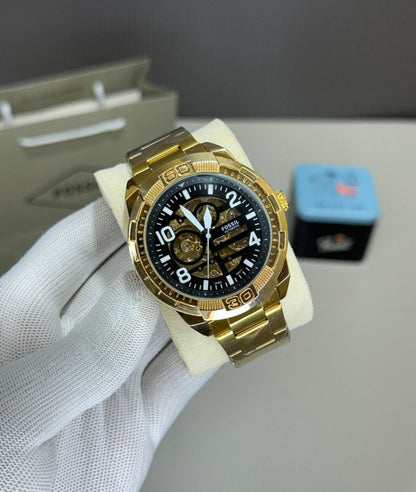 Luxury Gold Skeleton Dial Automatic Style Watch with Metal Strap
