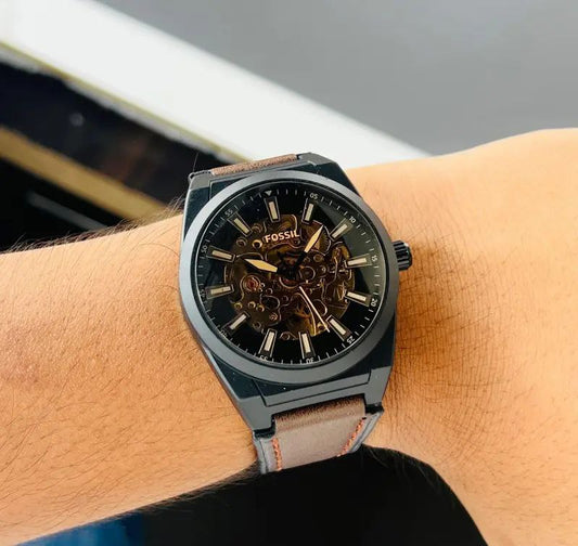 Fossil Black Case Brown Leather Skeleton Dial Analog Watch for Men