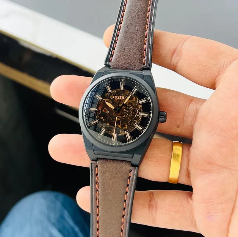 Fossil Black Case Brown Leather Skeleton Dial Analog Watch for Men