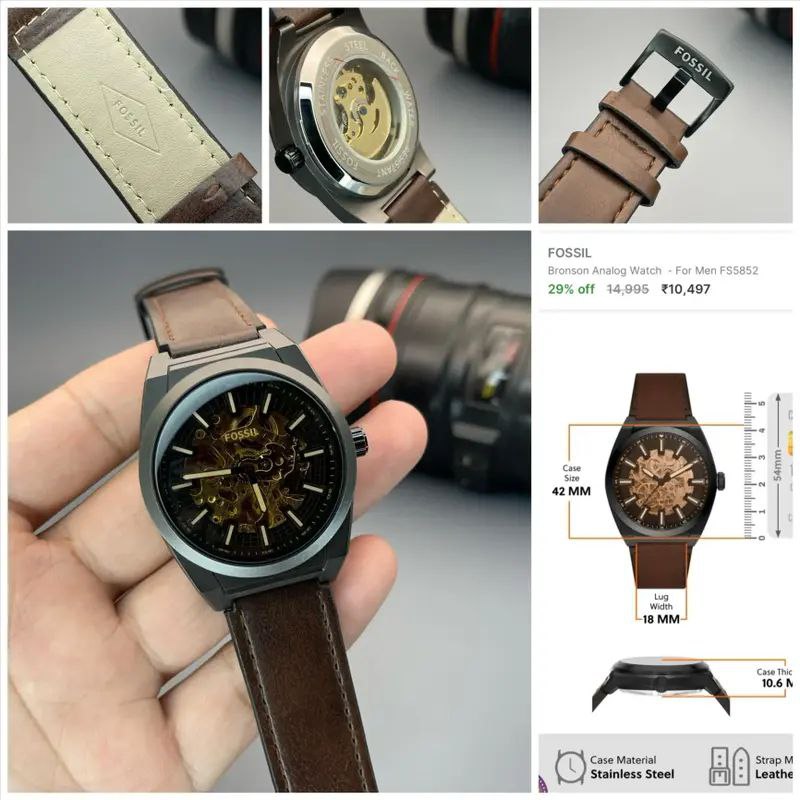 Fossil Black Case Brown Leather Skeleton Dial Analog Watch for Men
