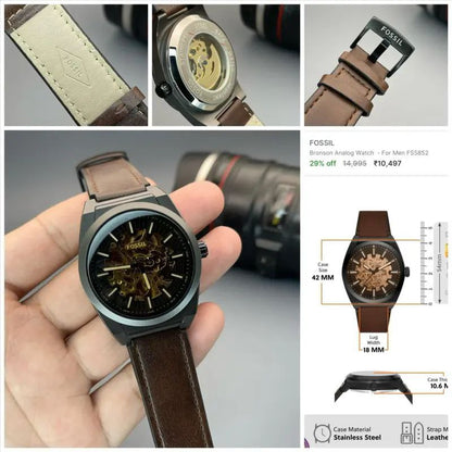 Fossil Black Case Brown Leather Skeleton Dial Analog Watch for Men