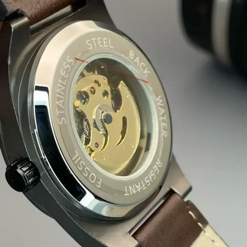 Fossil Black Case Brown Leather Skeleton Dial Analog Watch for Men