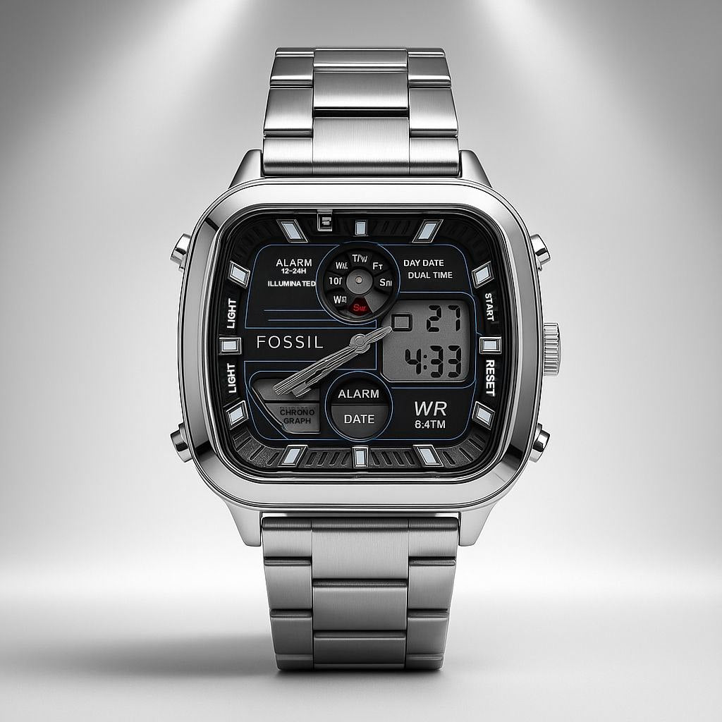 Fossil Digital Analog Square Dial Stainless Steel Watch for Men