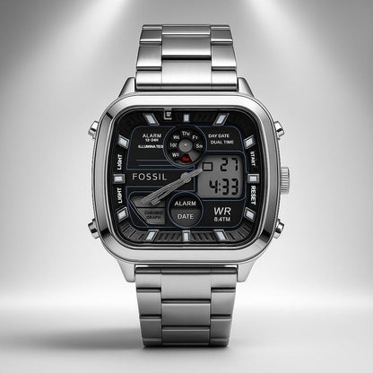 Fossil Digital Analog Square Dial Stainless Steel Watch for Men
