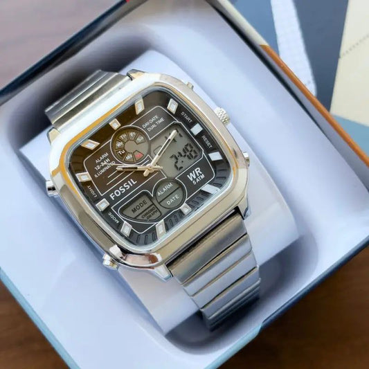 Fossil Digital Analog Square Dial Stainless Steel Watch for Men