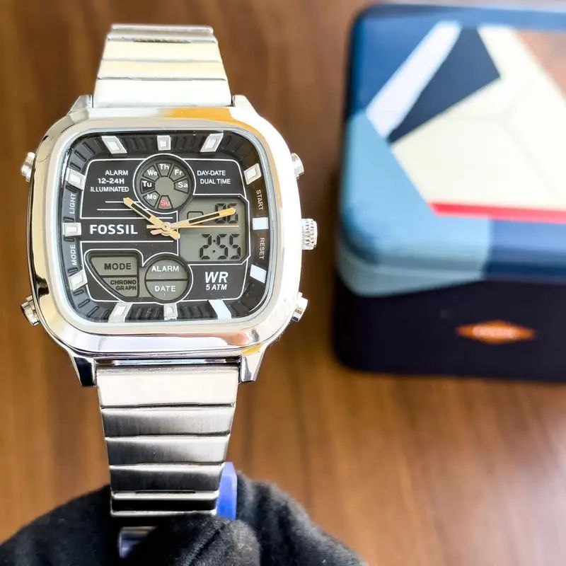 Fossil Digital Analog Square Dial Stainless Steel Watch for Men