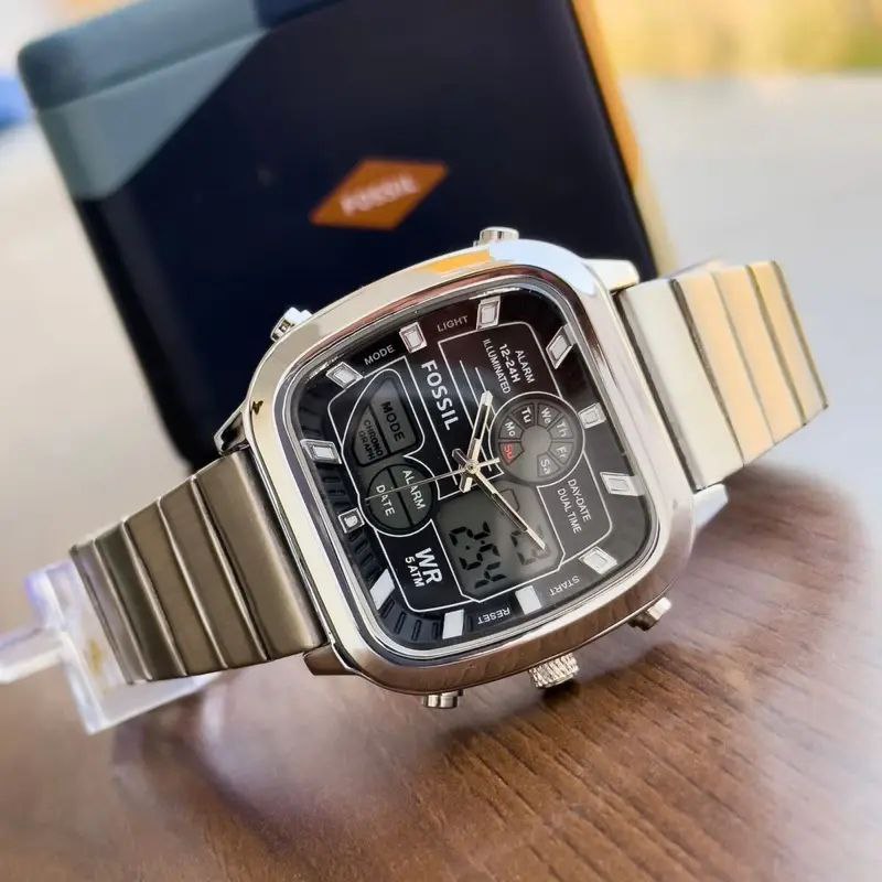 Fossil Digital Analog Square Dial Stainless Steel Watch for Men
