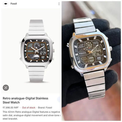 Fossil Digital Analog Square Dial Stainless Steel Watch for Men