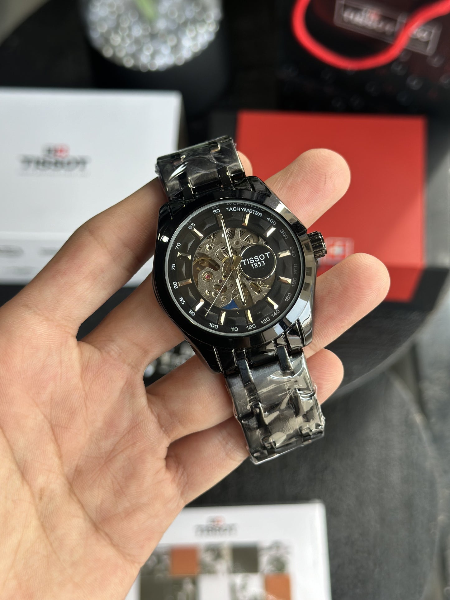 Tissot Style Skeleton Dial Automatic Black Stainless Steel Designer Watch