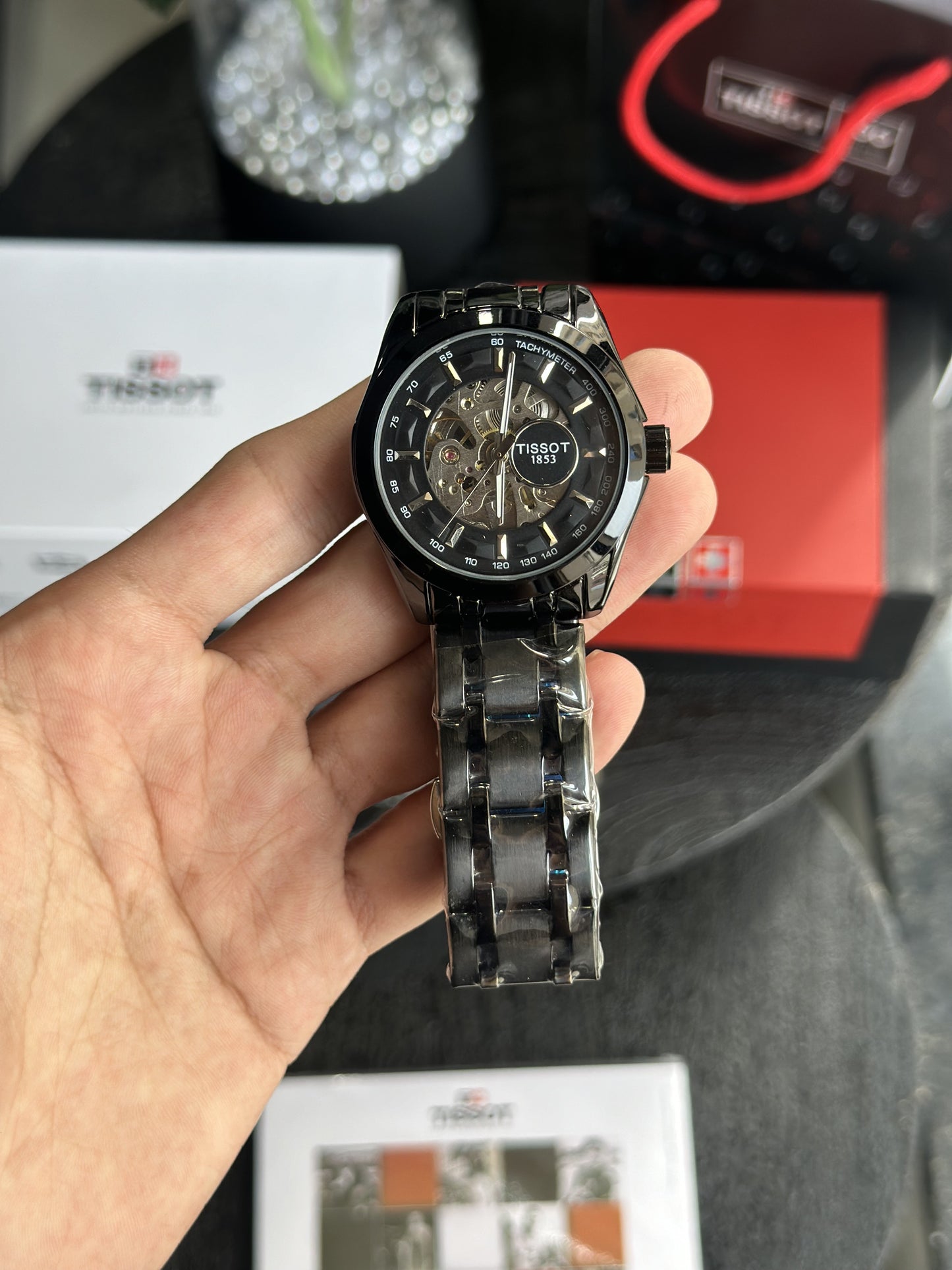Tissot Style Skeleton Dial Automatic Black Stainless Steel Designer Watch