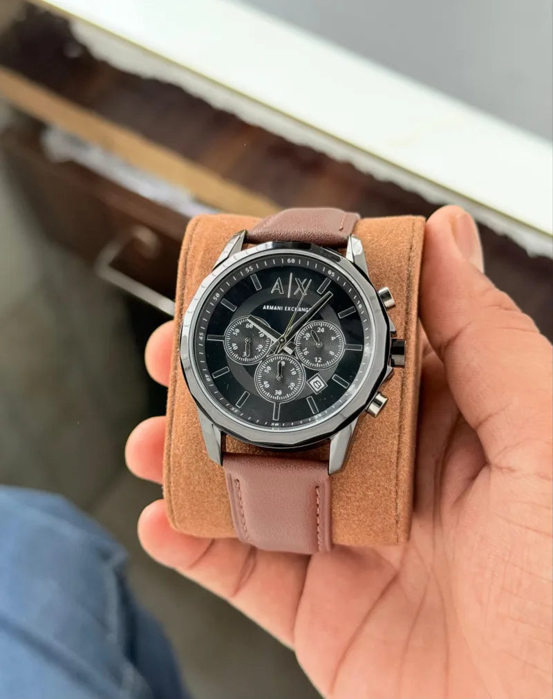 Armani Exchange Black Dial Chronograph Leather  Watch