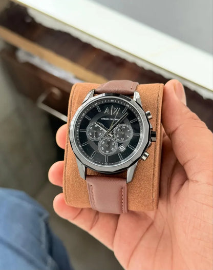 Armani Exchange Black Dial Chronograph Leather  Watch