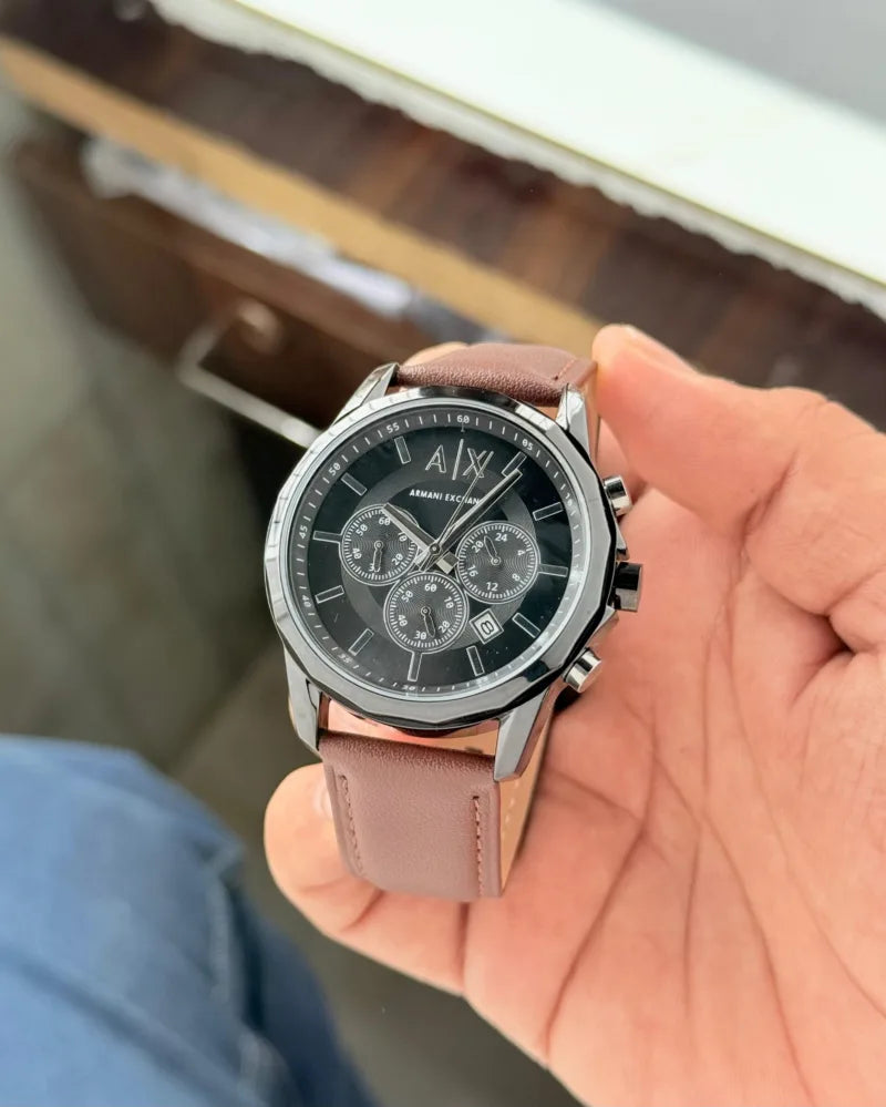 Armani Exchange Black Dial Chronograph Leather  Watch