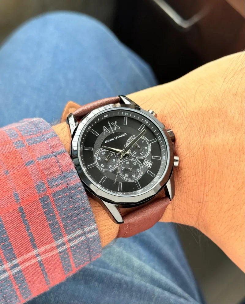 Armani Exchange Black Dial Chronograph Leather  Watch