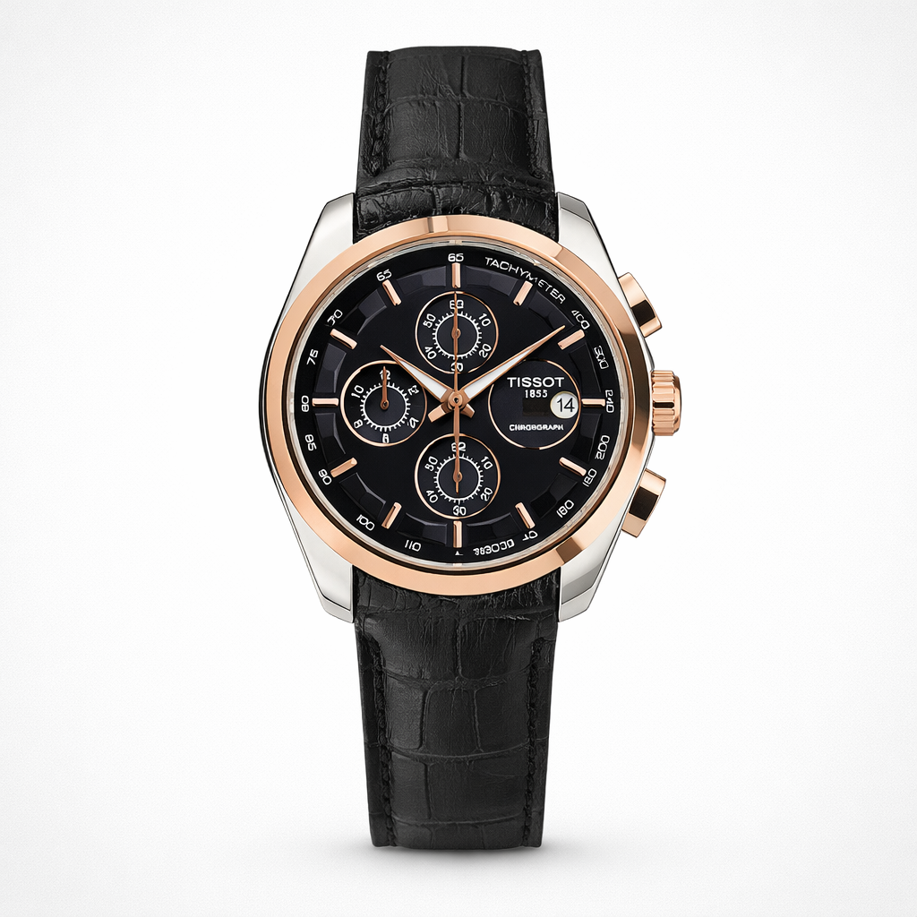 Tissot Style Black Dial Chronograph Rose Gold Bezel Leather Strap Watch