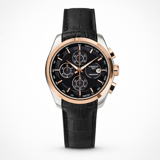 Tissot Style Black Dial Chronograph Rose Gold Bezel Leather Strap Watch