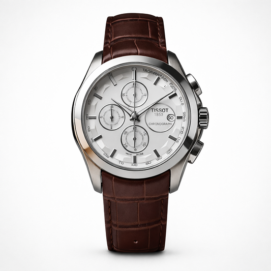 Tissot Style White Dial Chronograph Stainless Steel Brown Leather Strap Watch