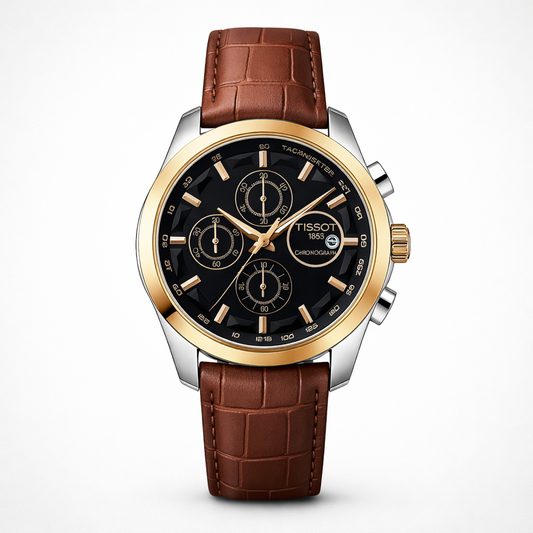 Tissot Style Black Dial Chronograph Gold Bezel Brown Leather Strap Watch