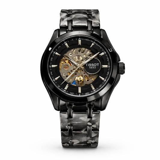 Tissot Style Skeleton Dial Automatic Black Stainless Steel Designer Watch