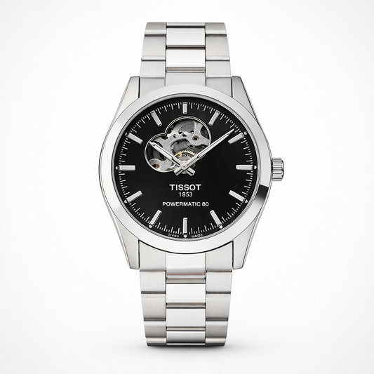Tissot Style Open-Heart Black Dial Stainless Steel Automatic Watch