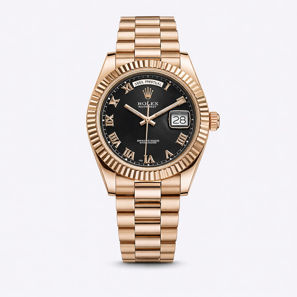 Rolex Datejust Black Dial Everose Gold President Bracelet Watch
