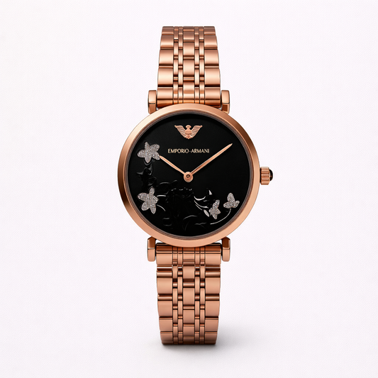 Emporio Armani Rose Gold Butterfly Black Dial Watch