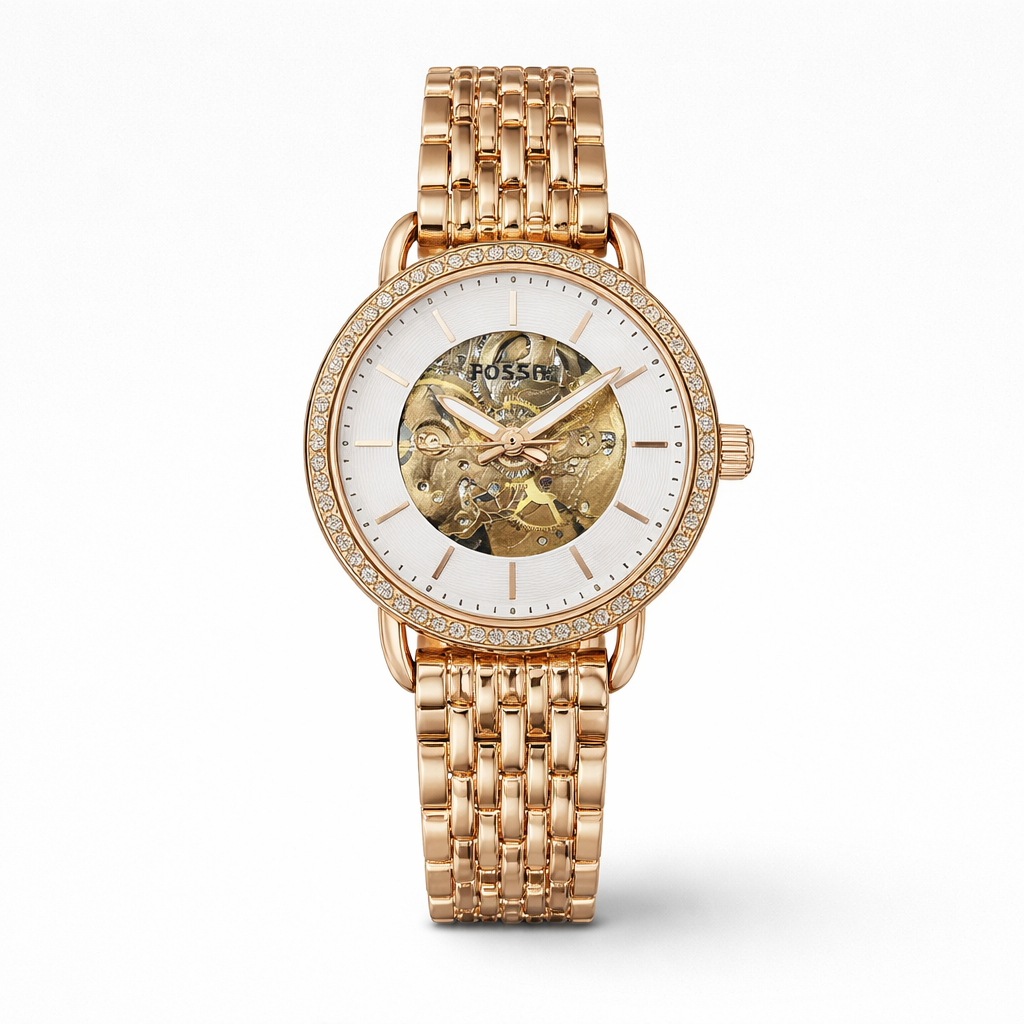 Fossil Gold Skeleton Dial Crystal Bezel Watch