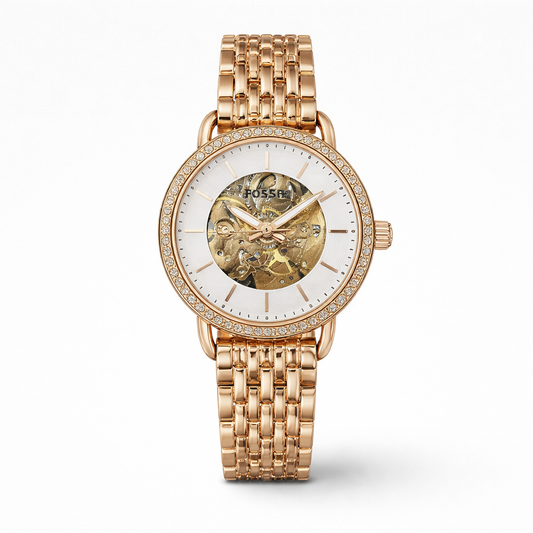 Fossil Gold Skeleton Dial Crystal Bezel Watch