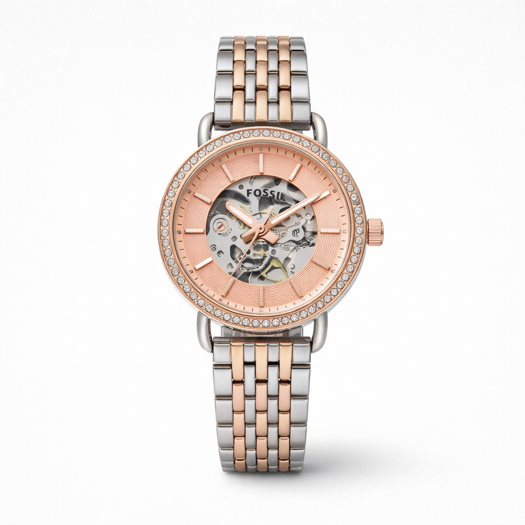 Fossil Two Tone Rose Gold Skeleton Dial Watch